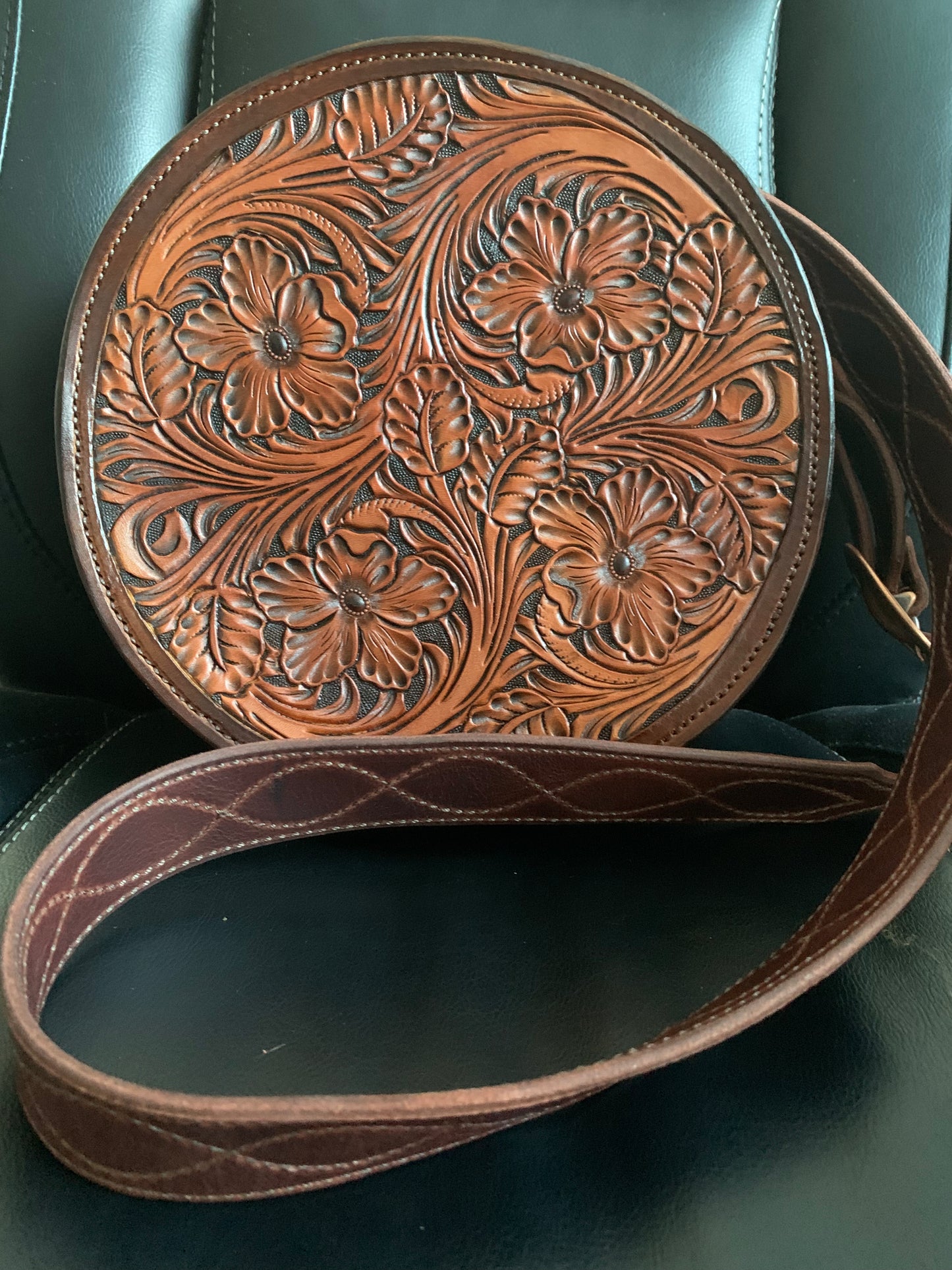 Chocolate Floral 10" Round Purse with wave stitch strap