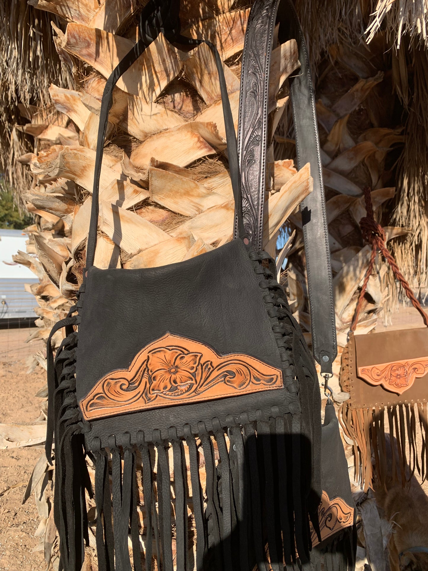 Black Fringe Purse with Tooled Strap