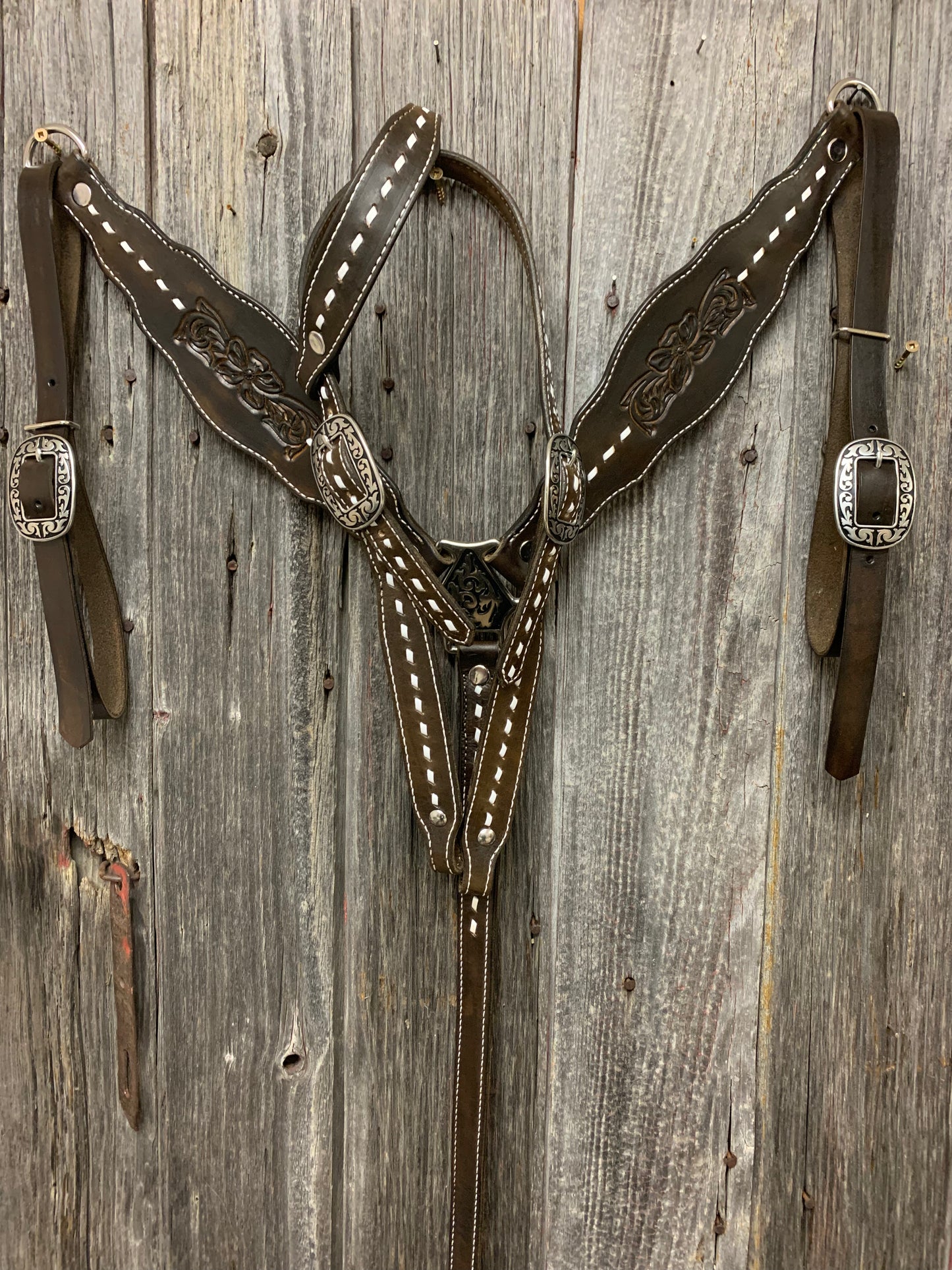 Chocolate Brown White Buck stitch set wit matching one ear bridle