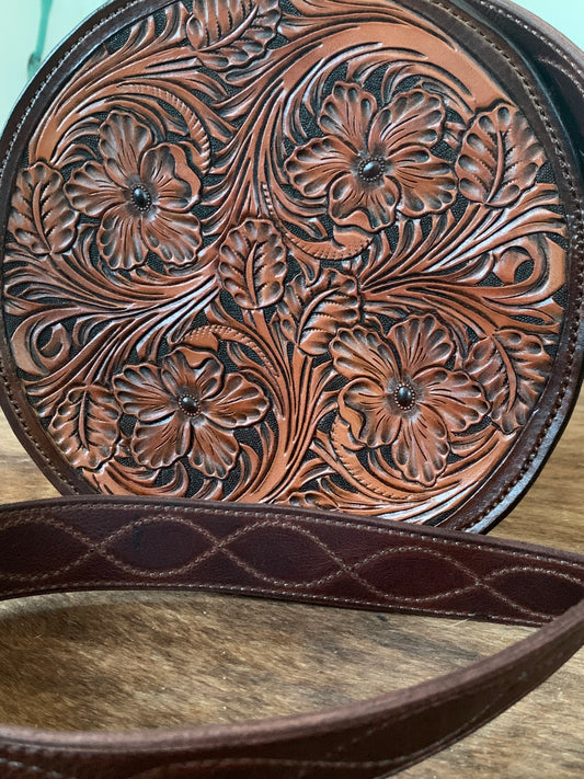 Chocolate Floral 10" Round Purse with wave stitch strap