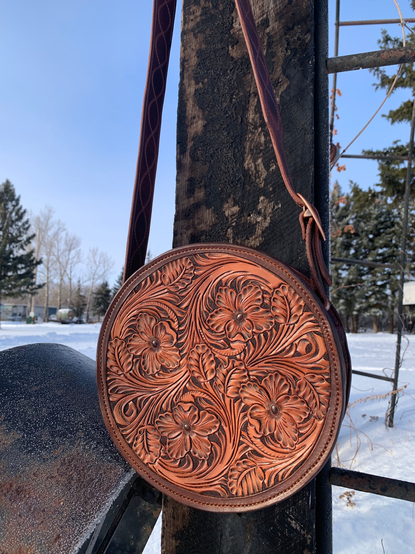 Chocolate Floral 10" Round Purse with wave stitch strap