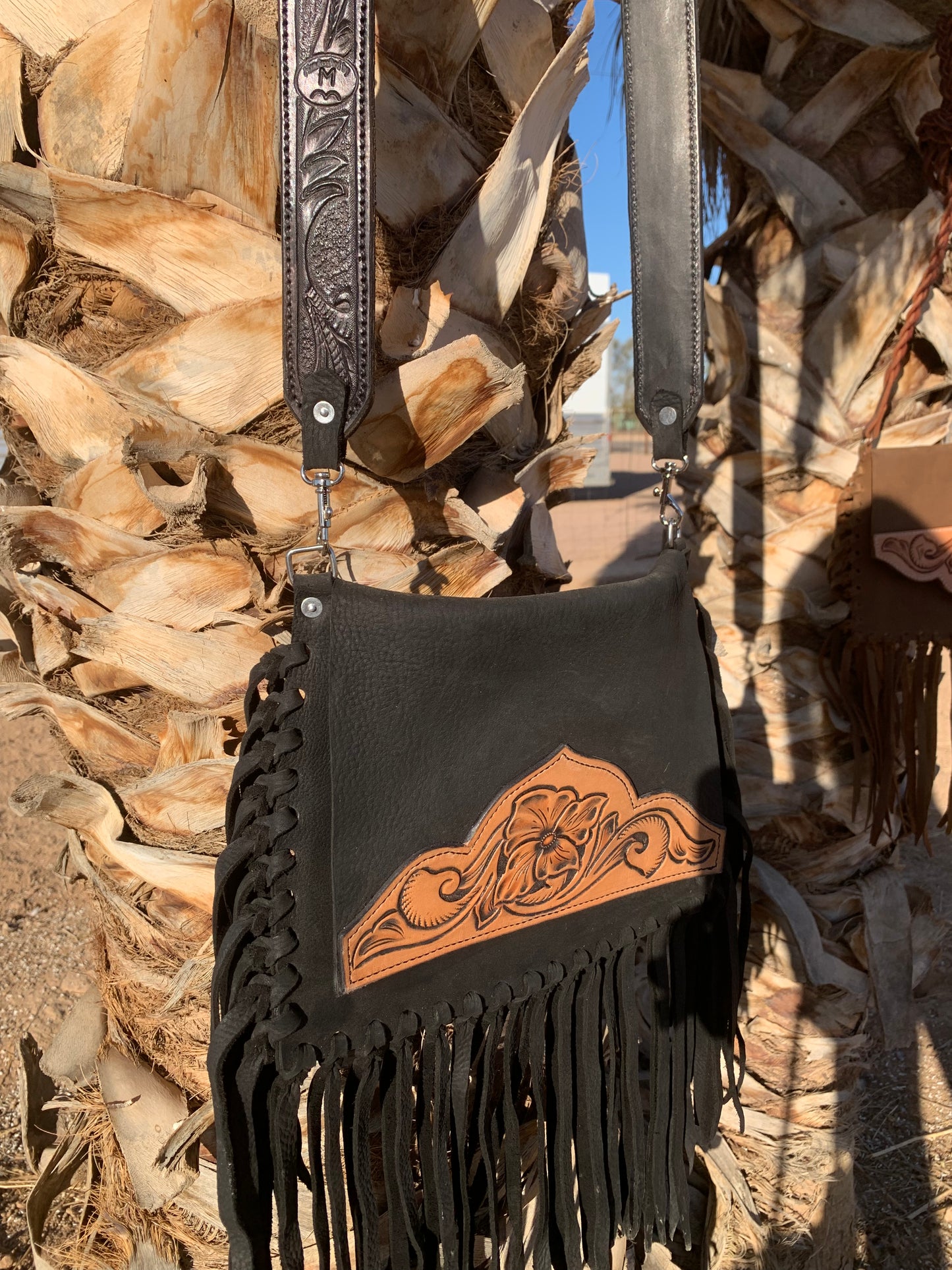 Black Fringe Purse with Tooled Strap