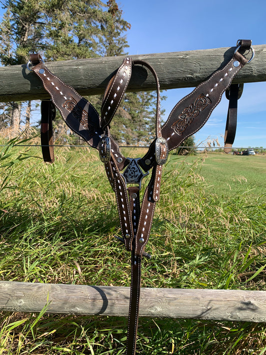 Chocolate Brown White Buck stitch set wit matching one ear bridle