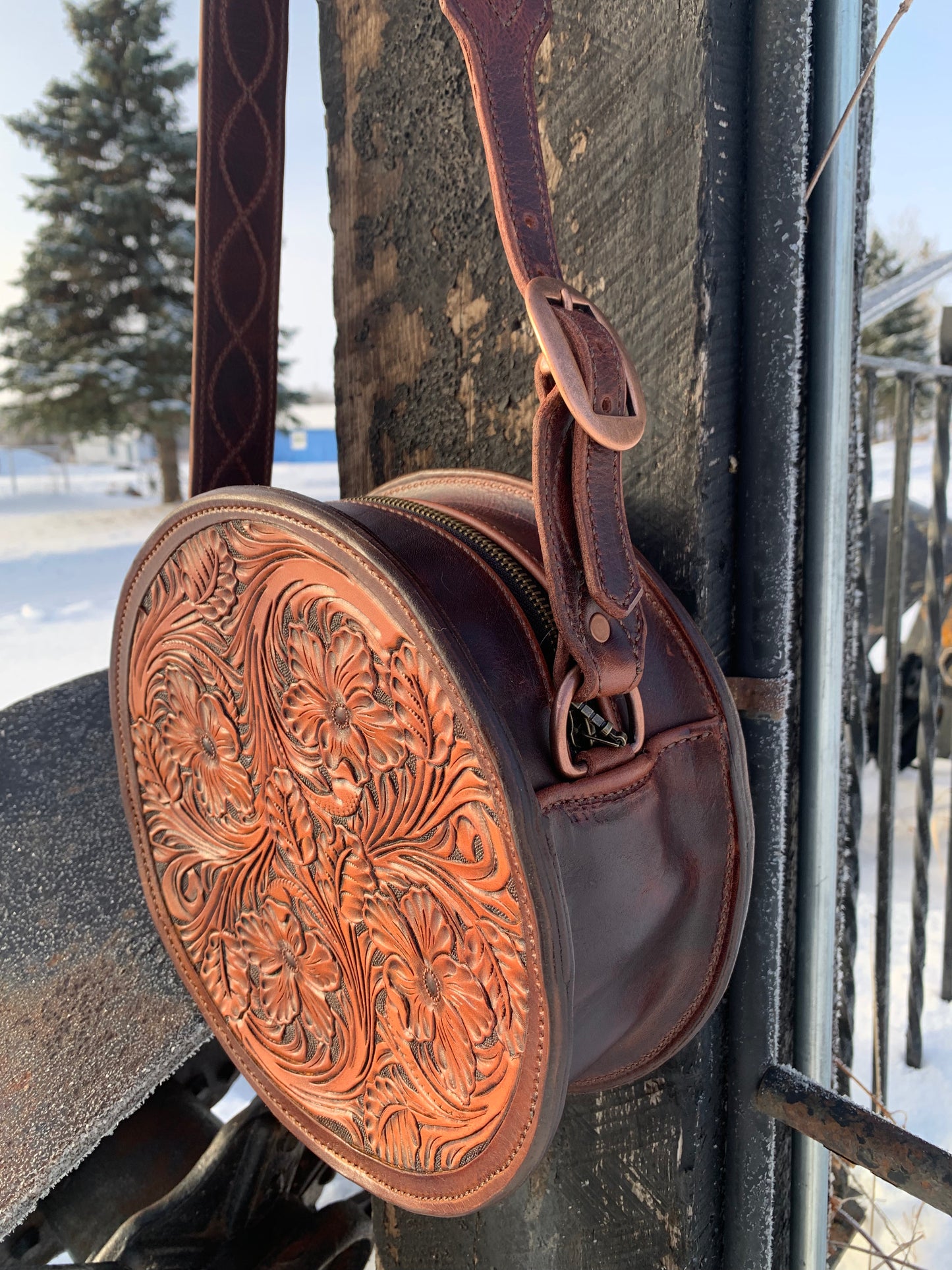 Chocolate Floral 10" Round Purse with wave stitch strap