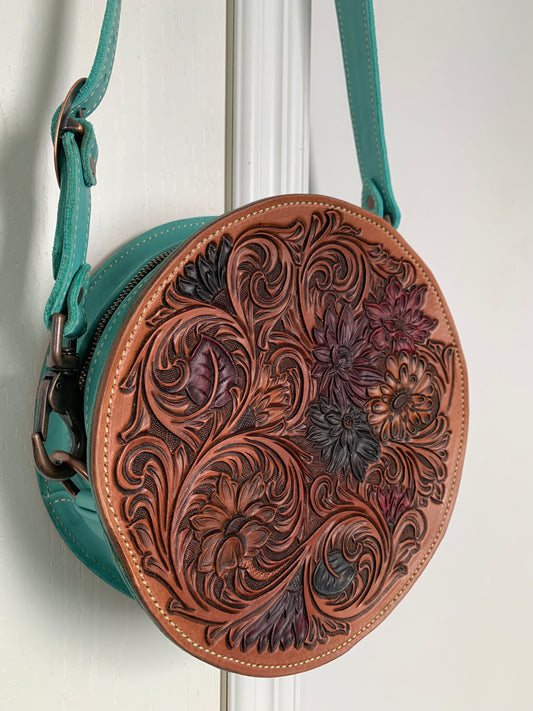 Wildflower 10" Round Purse with turquoise white buck stitch strap
