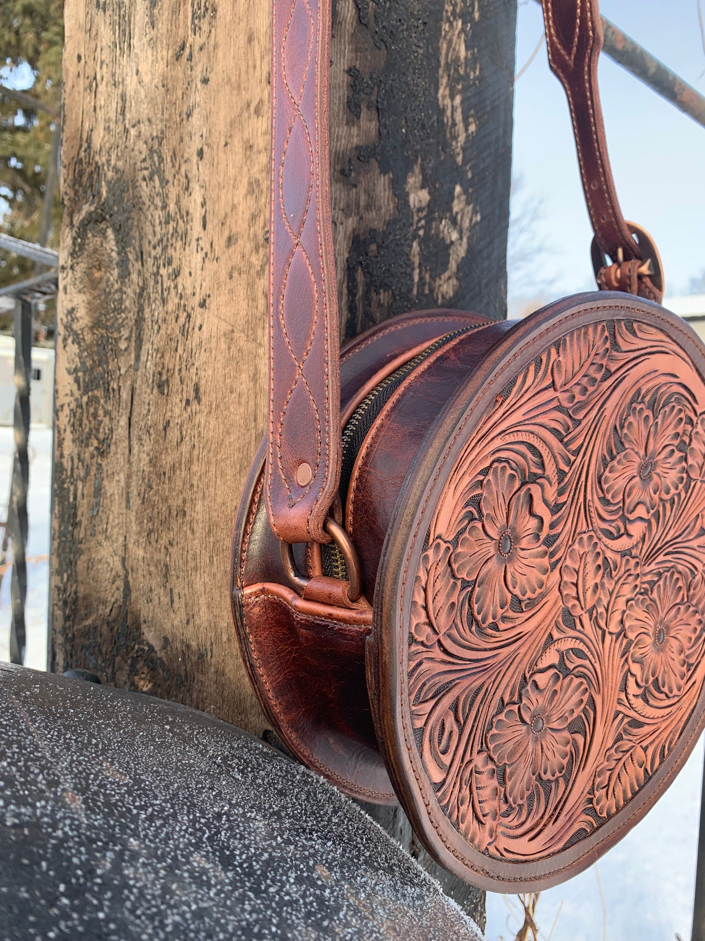 Chocolate Floral 10" Round Purse with wave stitch strap