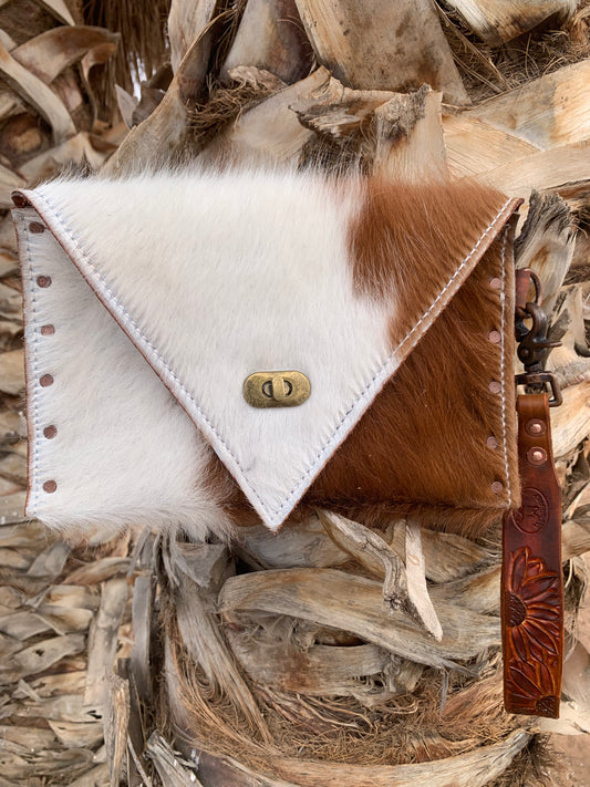 Cowhide Clutch with Sunflower Wristlet