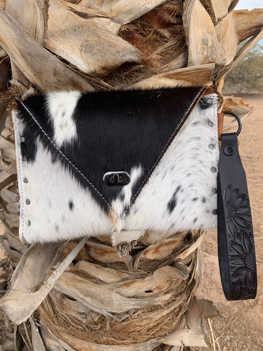 Cowhide Clutch with Sunflower Wrislet